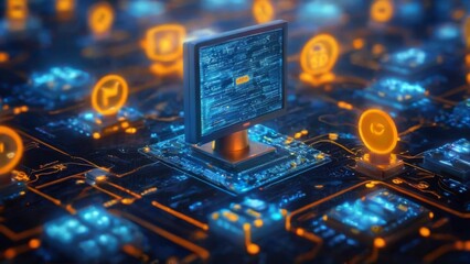 Fototapeta premium Tech Connectivity: Interconnected Lines and Dots on Circuit Board with Emanating Light Icons in Dark Background
