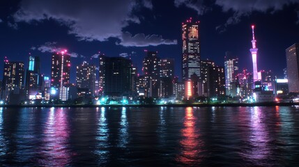 Obraz premium Serene Midnight Reflections of Urban Lights in a Tranquil Bay