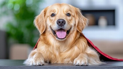 A photostock of a golden retriever wearing a superhero cape, symbolizing fun and loyalty.
