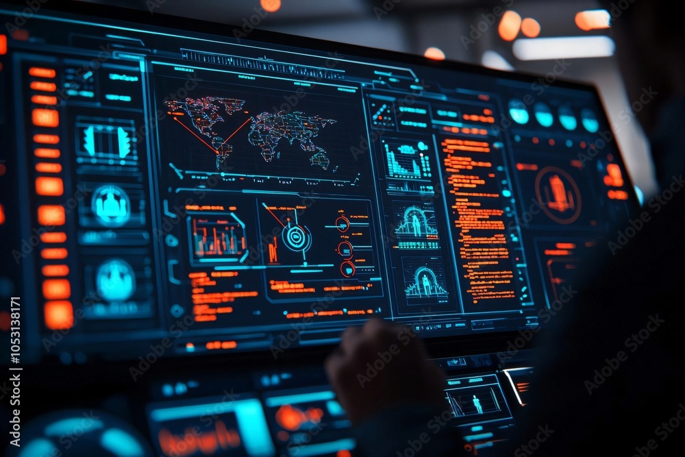 Poster futuristic interface displaying complex data analytics, world maps, and user interactions in a high-