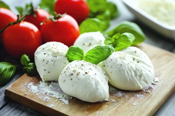 Fresh mozzarella balls with basil and tomatoes on a wooden board