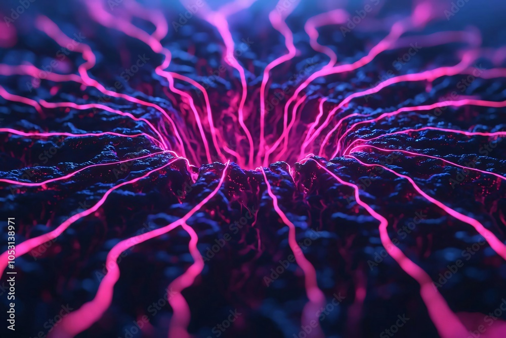 Poster a captivating abstract representation showcasing vibrant pink lines radiating from a textured dark s