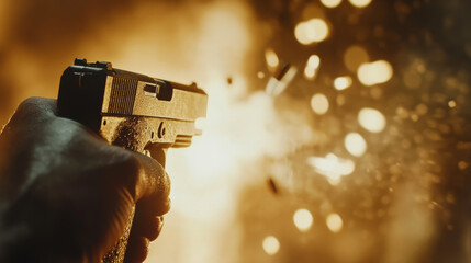 POV of a dramatic handgun shooting action with closeup of a gun and blurry background with copy space