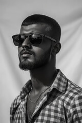 Fototapeta premium Black and white portrait of a trendy Indian young man in buzz cut style and small beard and wearing black sunglasses