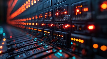 A close-up of illuminated server racks in a data center.