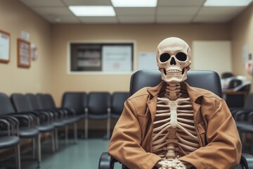 A human skeleton wearing a jacket sits humorously in a waiting room, highlighting the concept of patience and the passage of time.
