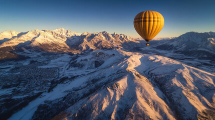Fototapeta premium hot air balloon drifts gracefully above snowy mountains, illuminated by crisp morning light. breathtaking landscape showcases beauty of nature and adventure