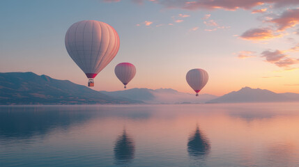 Obraz premium Balloons drifting in dawn sky over calm waters create serene and picturesque scene. soft colors of sunrise reflect beautifully on waters surface, enhancing tranquil atmosphere