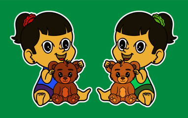 Cute Baby Playing Doodle Sticker Illustration