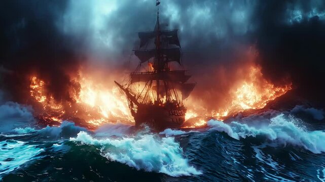 A pirate ship sails through stormy seas engulfed in flames, generative ai