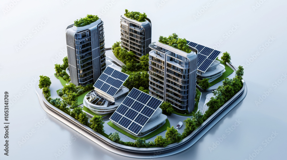 Wall mural modern architectural city featuring sustainable buildings with solar panels and greenery, showcasing