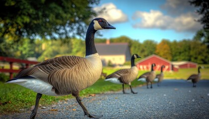 Obraz premium A group of geese walking along a gravel path in a scenic countryside setting with trees and buildings in the background.