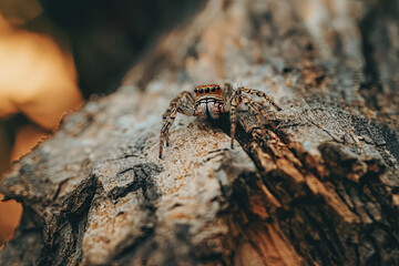 Detailed shot of a small spider crawling on a piece of bark