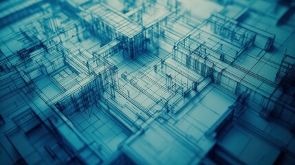 Obraz premium 3D building model in blueprint effect, structural details in focus