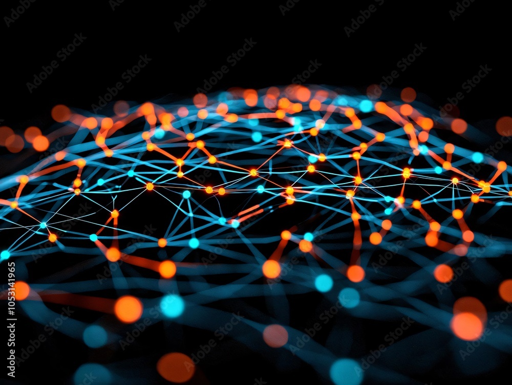 Poster a vibrant network of interlinked nodes and connections, showcasing a dynamic flow of data in stunnin