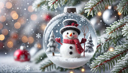 Festive Snowman in a Glass Ornament with Snowy Holiday Background, Generative Ai