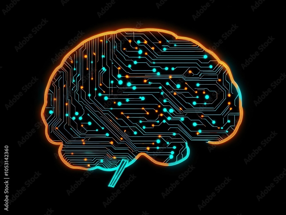 Poster an intricately designed brain composed of circuit patterns, symbolizing the fusion of technology and