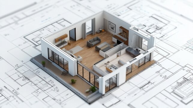 3D floor plan in blueprint effect, clean and architectural layout