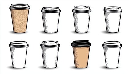 A photostock of line-drawn coffee cups on a white background, showcasing different cup styles.