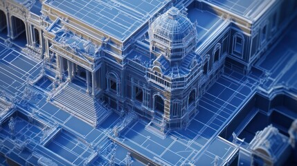 Obraz premium 3D model in blueprint effect, highlighting construction details