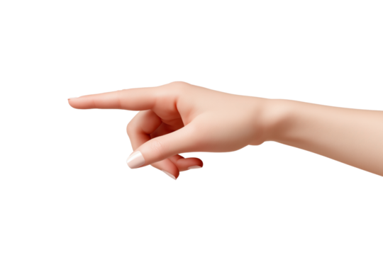 Close-up of a woman hand with an extended index finger, isolated PNG transparent background. The gesture signifies direction, pointing, or instruction.