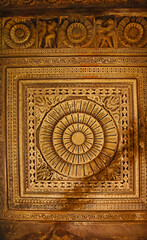 View of intricately carved pillars and the mandapa (pillared hall) at Toteshwara Mahadev Temple, located in Kadwaya, Ashoknagar, Madhya Pradesh, India.