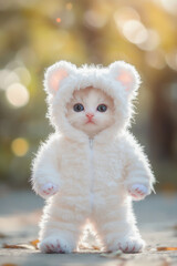 Adorable kitten wearing a furry white bear costume standing outdoors