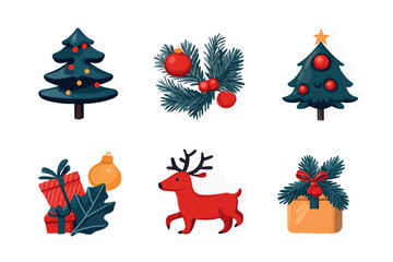Fototapeta premium Collection of festival Christmas stickers featuring trees, berries, gifts, and a reindeer, perfect for holiday decorations and crafts. isolated PNG transparent background.