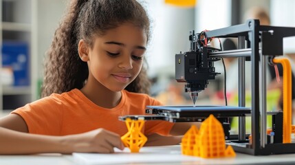 A student experimenting with an educational 3D printer, creating models for science projects.