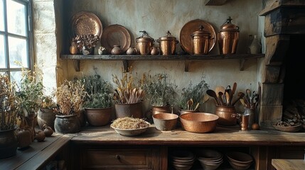 Fototapeta premium Colonial kitchen with herb drying copper pots hearth cooking
