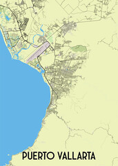 Obraz premium This detailed map showcases the city of Puerto Vallarta, Mexico, with a focus on its urban layout and infrastructure. The map features a light green background with black lines