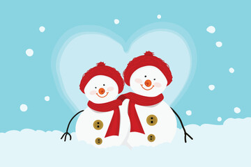 Vector illustration of two cute snowmen in love