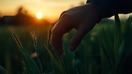 Fototapeta premium A hand reaches out to touch wheat stalks in a field as the sun sets in the background.