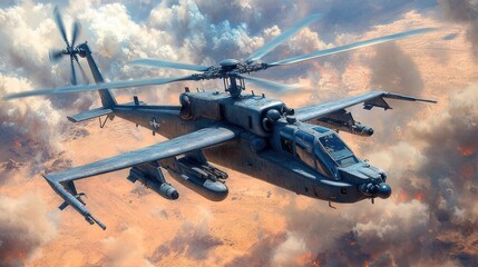 A Military Helicopter Flying Over a Desert Landscape with Smoke and Fire