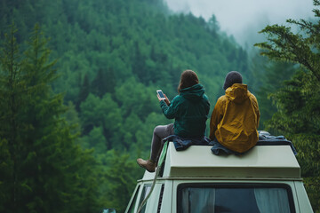 Two people are sitting on top of a van in the woods