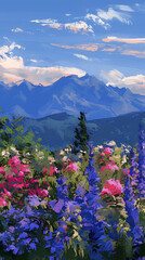 Obraz premium Illustrate distant blue mountains with vibrant purple and pink flowers in the foreground