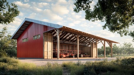 Obraz premium Red Barn with Garage Doors: A rustic red barn with large garage doors stands proudly amidst a lush green landscape, the warm glow of the setting sun casting long shadows. It's a picturesque image.