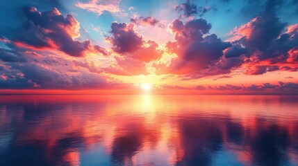 Obraz premium Vibrant sunset over calm waters with colorful clouds reflecting.