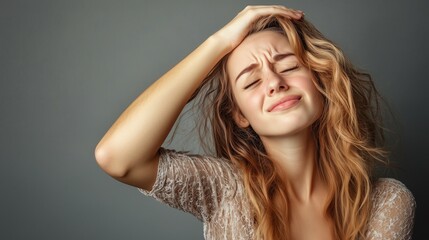 Fototapeta premium Young female touching her suffering from vertigo, brain fog Migraine, anxiety or crisis, fatigue due mental health problem