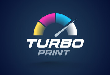 Logo Turbo Print. Speedometer colored CMYK. Express printing theme. Template design vector. Black background.