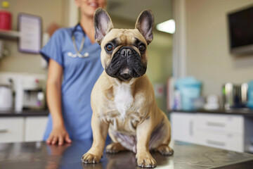 Fawn French Bulldog Dog at vet. Sitting on examination table at veterinary practice clinic