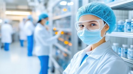 A healthcare professional in lab coat and mask works in a pharmacy, surrounded by medical supplies and a clean environment.