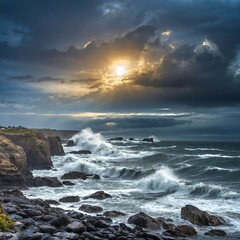 Obraz premium raging sea with big waves at dawn