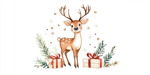 Fototapeta premium Watercolor Christmas Card with Deer and Presents