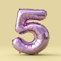 Violet metallic number 5 five made of inflatable balloon on yellow background