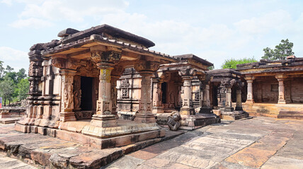Small temples aligned in a row in front of the Baradari in the Kuti Group of Temples, located in Thoban, Ashoknagar, Madhya Pradesh, India.