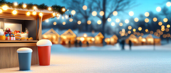 Enchanting winter holiday market scene with festive lights and cozy stalls