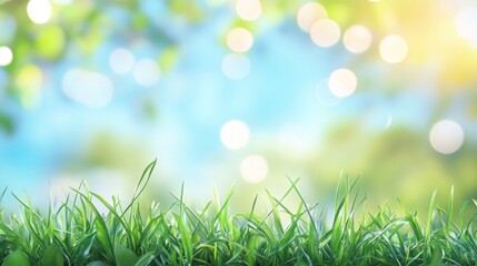 Fototapeta premium World Environment Day concept with green grass and blue sky, bokeh effects representing environmental consciousness. Nature