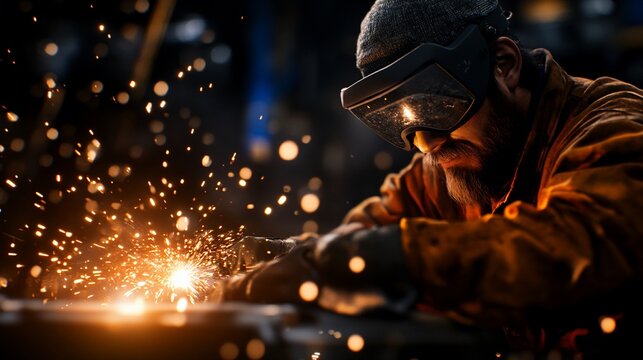 A welder works on a metal piece, sparks flying in a dark workshop.