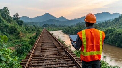 Engineer with tablet near railway bridge spanning a river